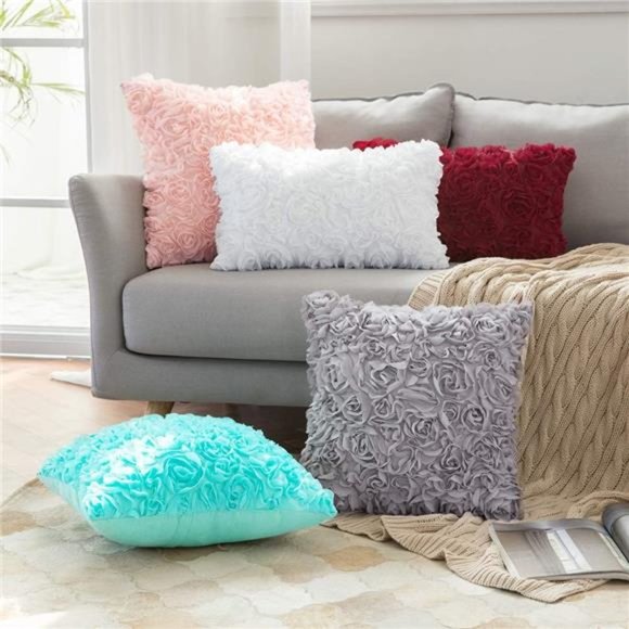 2 Pcs 3D Decorative Romantic Chiffon Rose Flower Pillow Cover  |  18x18 Inch - Picture 4 of 6